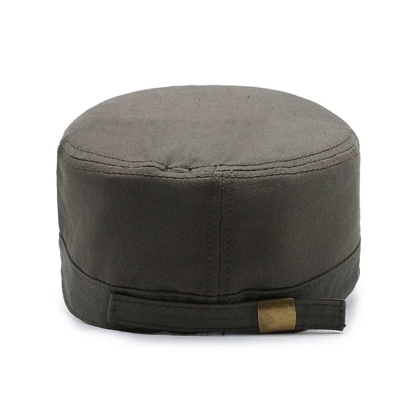 Men's adjustable flat-top peaked cotton cap in army green with English letter detailing on the front