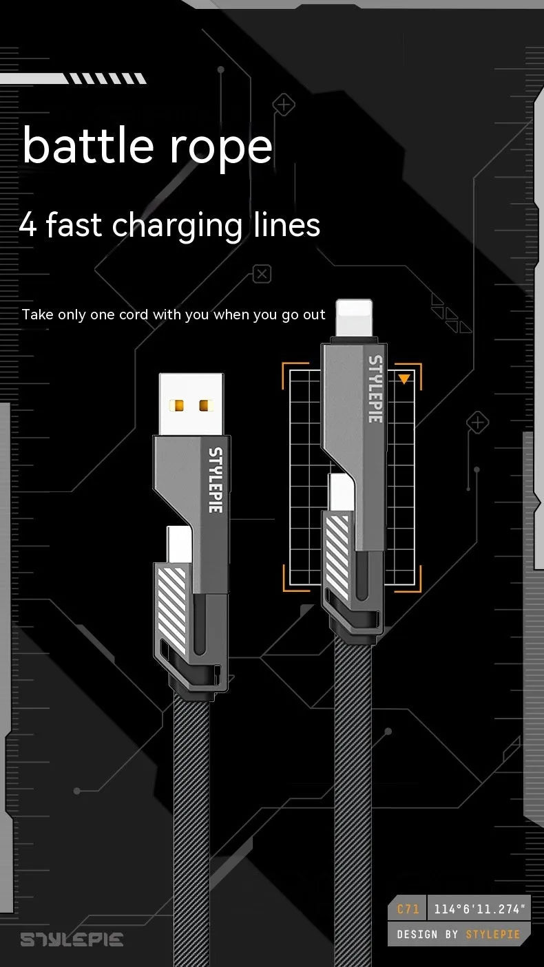 Four-in-one fast charge data cable in Tungsten Black with zinc alloy connector and braided nylon cable