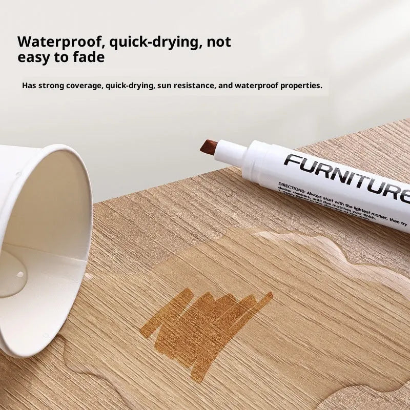 5ml wood grain paint fixer pen for floor scratch repair, shown with twelve colour options including oak and walnut