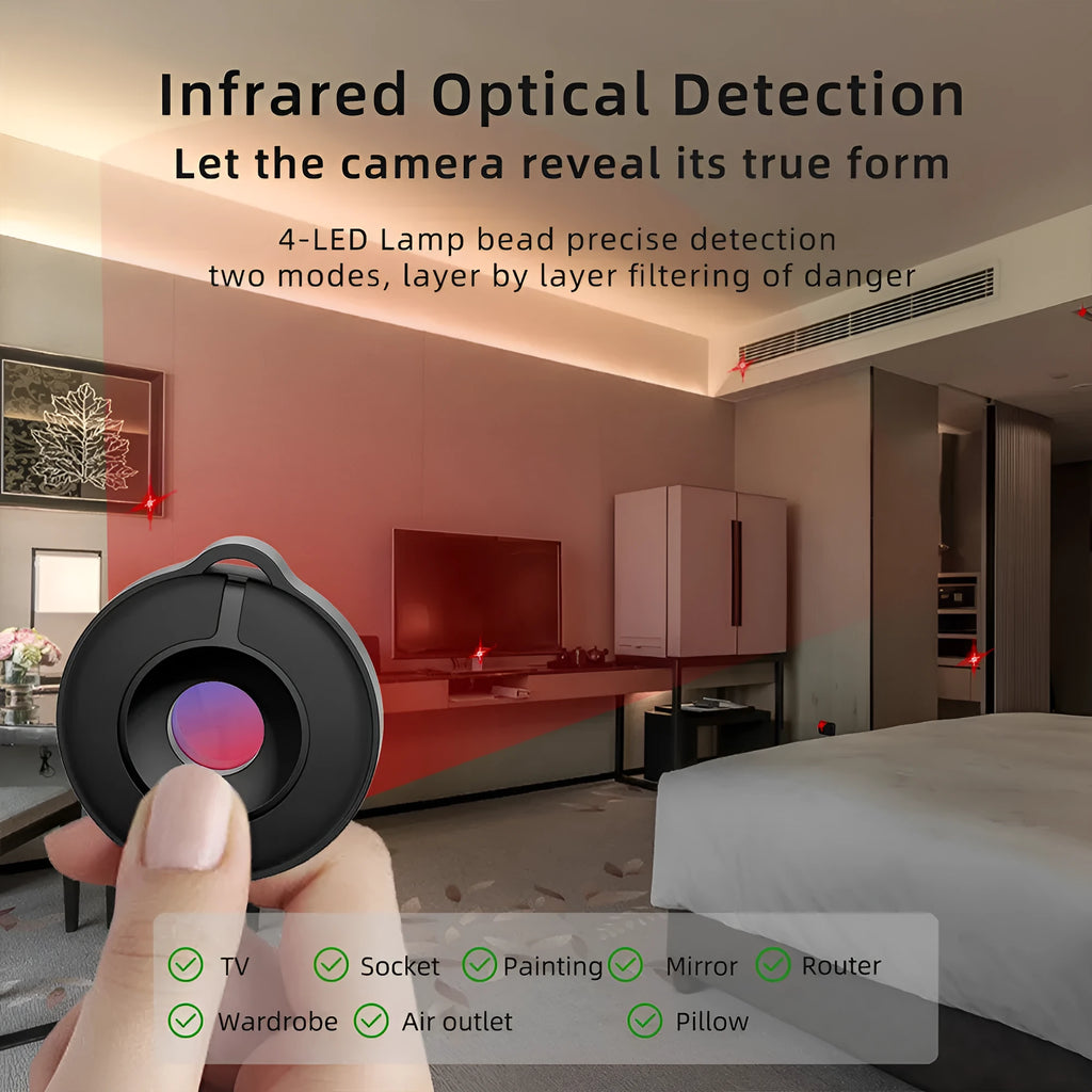 Black S600 infrared camera detector with optical lens for finding hidden spy cameras up to 5 metres away