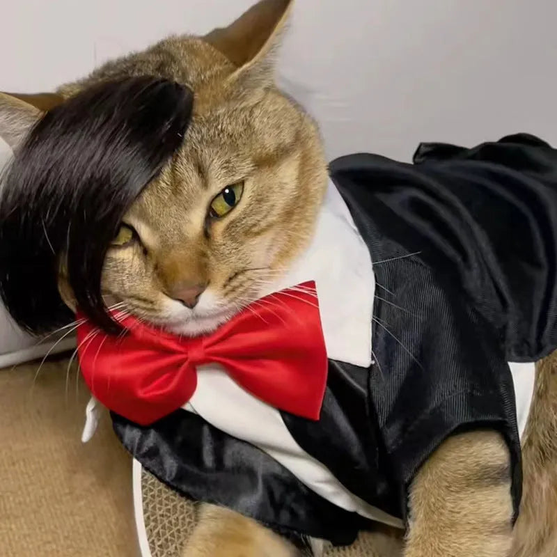 Black polyester cat wig with imitation braid design for feline dress-up