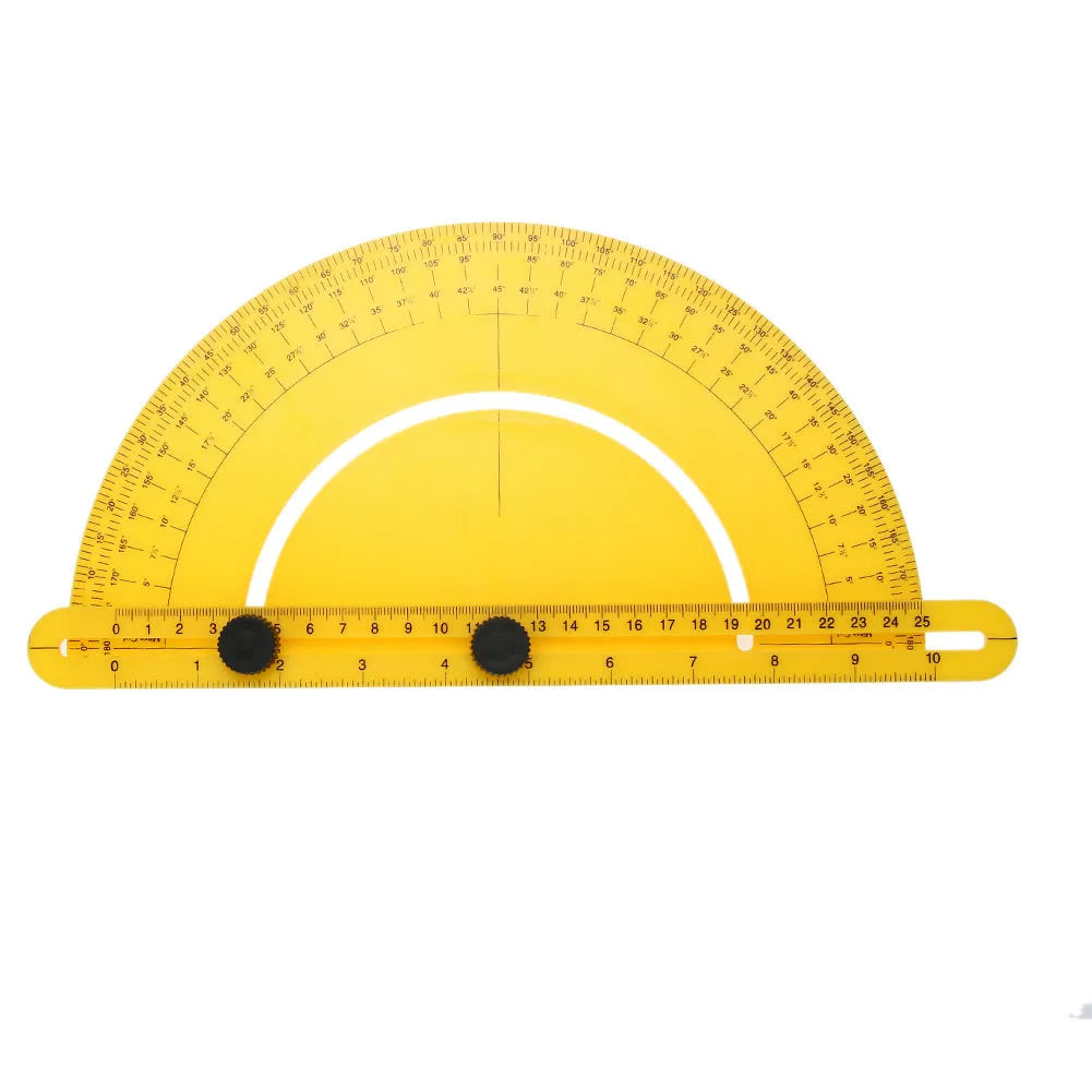 Carpenter's angle finder ruler with 180-degree protractor scale and four squared corners for woodworking measurement