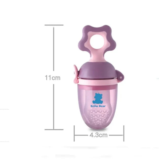 Green and purple baby bite trainers with textured surfaces and easy-grip handles