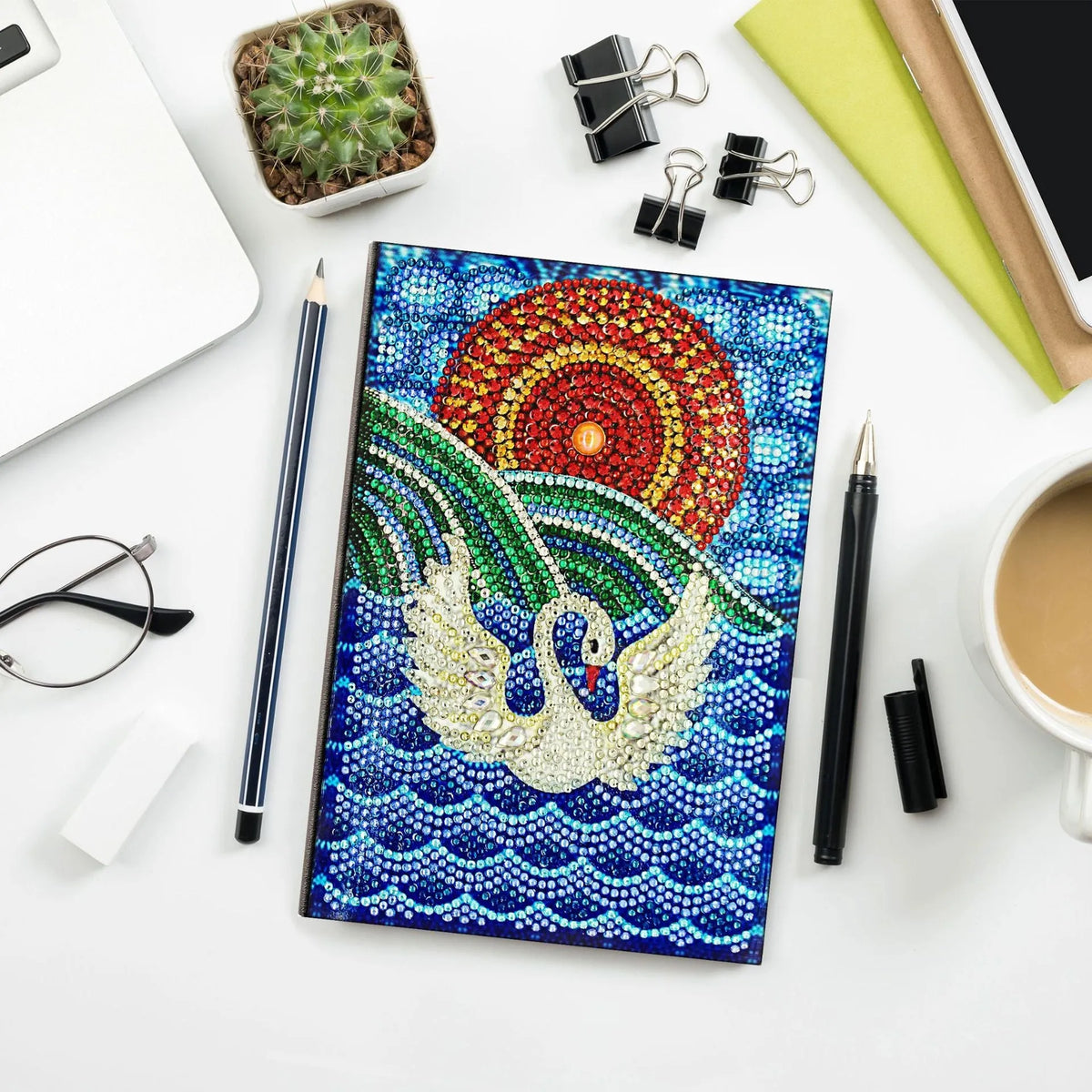 A5 notebook 142x207x8mm with 50 pages, diamond painting notebook in black, blue, butterfly, flower, owl, peacock, and snowman designs.