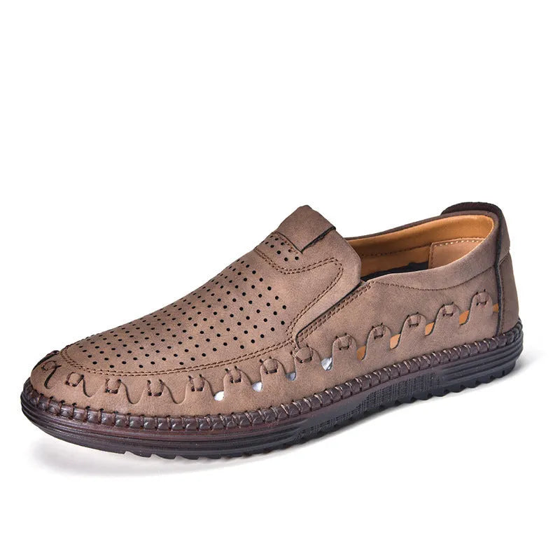 Men's brown slip-on casual shoes with round toe and low-top design for outdoor wear