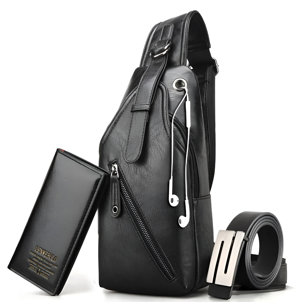 Tide Men's PU leather chest single shoulder bag, small square shape, zippered, with adjustable strap