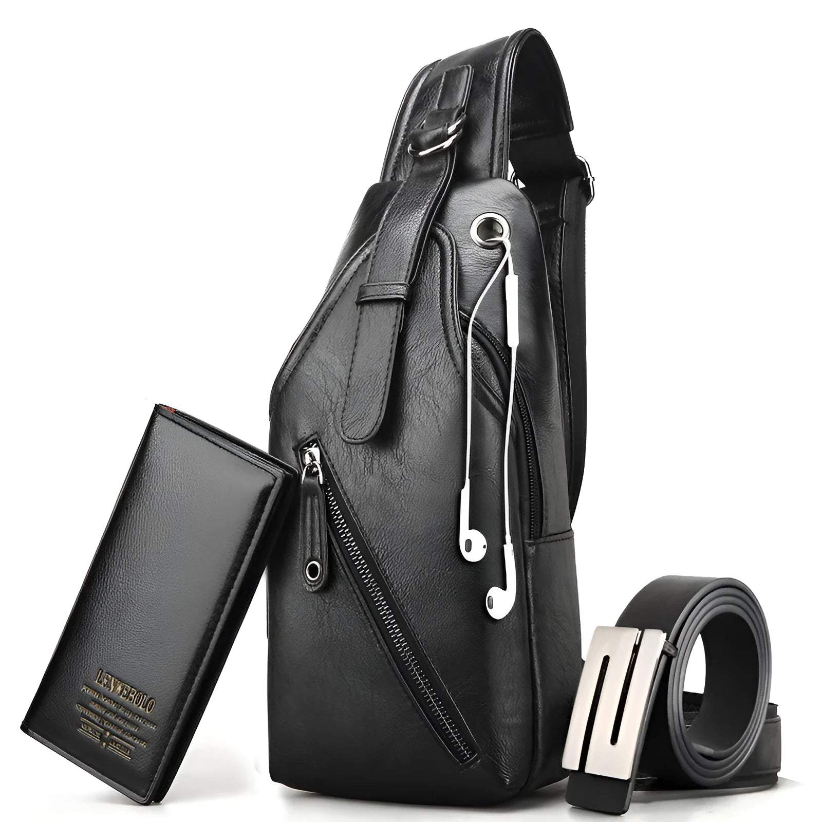 Tide Men's PU leather chest single shoulder bag, small square shape, zippered, with adjustable strap