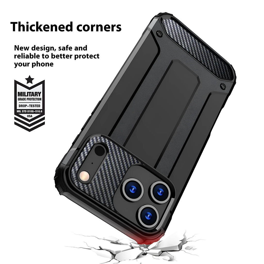 Steel Armor phone case in black for iPhone 15 Pro, showing two-in-one TPU PC design