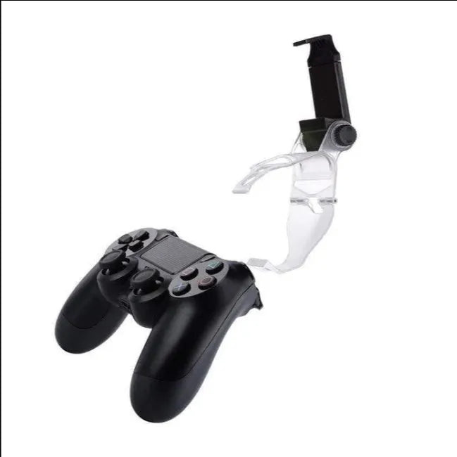 Mobile phone clip attaching PS4 controller to Android smartphone with micro USB OTG cable connection