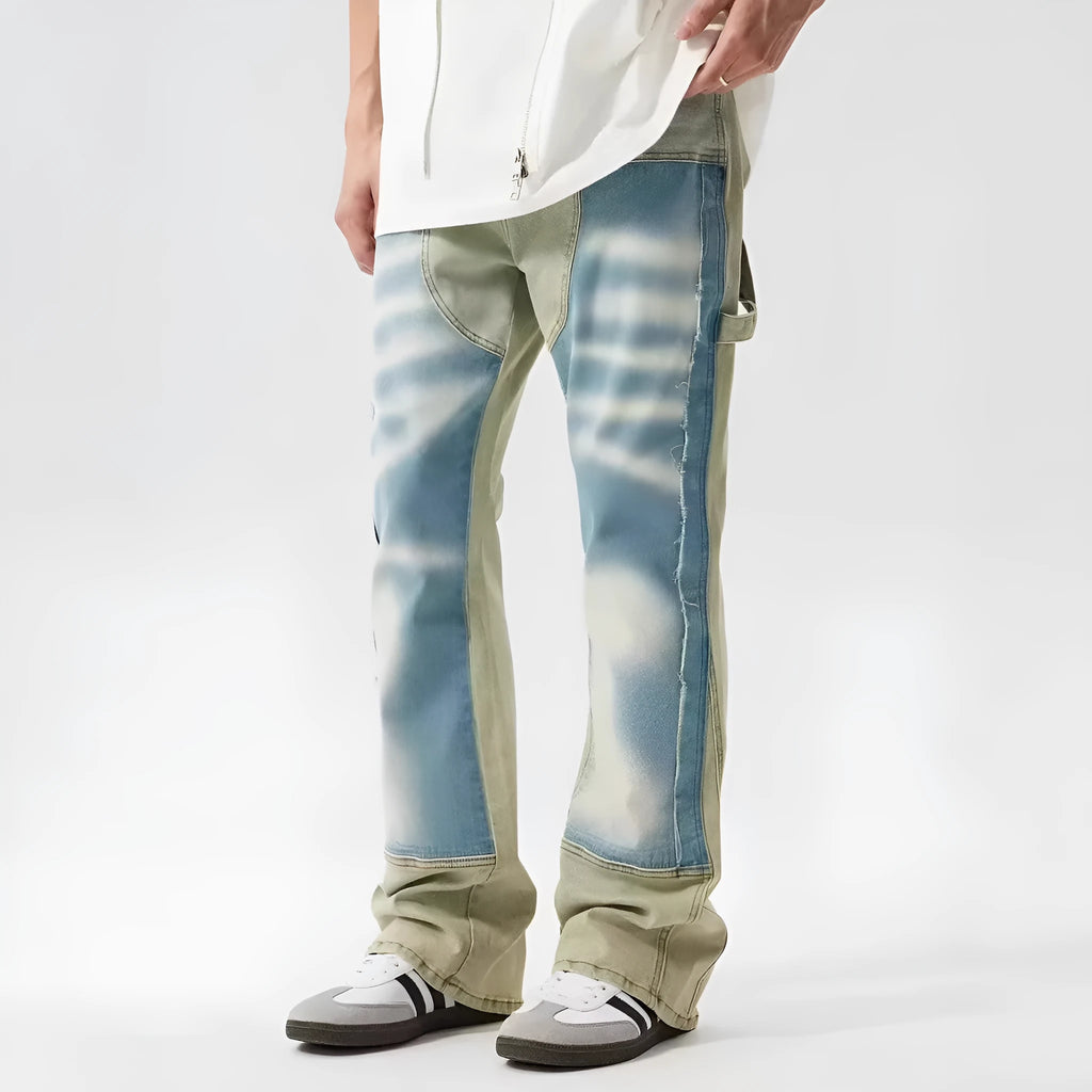 Yellow and blue retro patchwork jeans with splash-ink damaged design, mid waist with zip fly