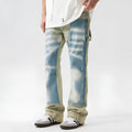 Yellow and blue retro patchwork jeans with splash-ink damaged design, mid waist with zip fly