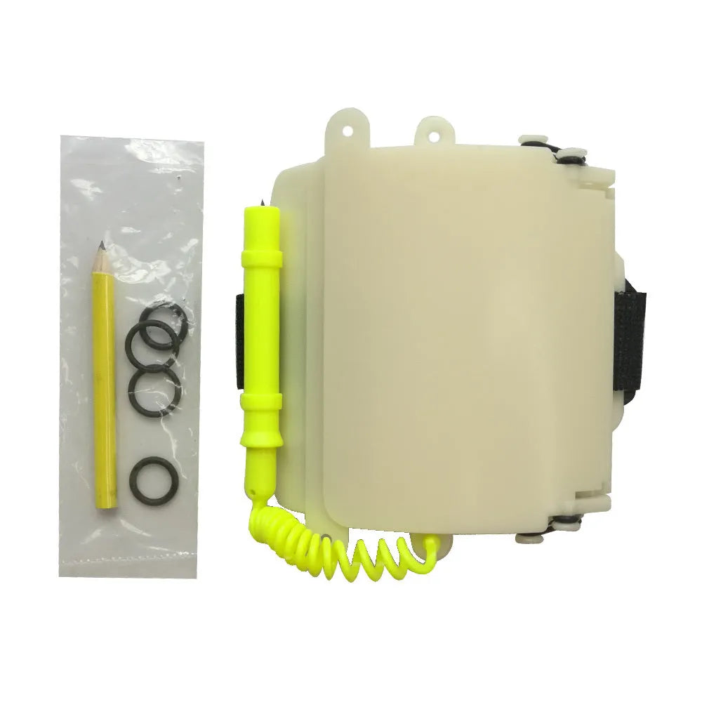 White luminous underwater writing slate wristboard for scuba diving with pencil and spare O-ring