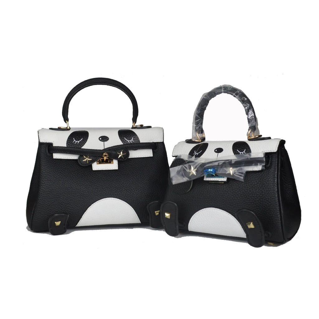 Panda print cow leather handbag with square shape in horizontal orientation