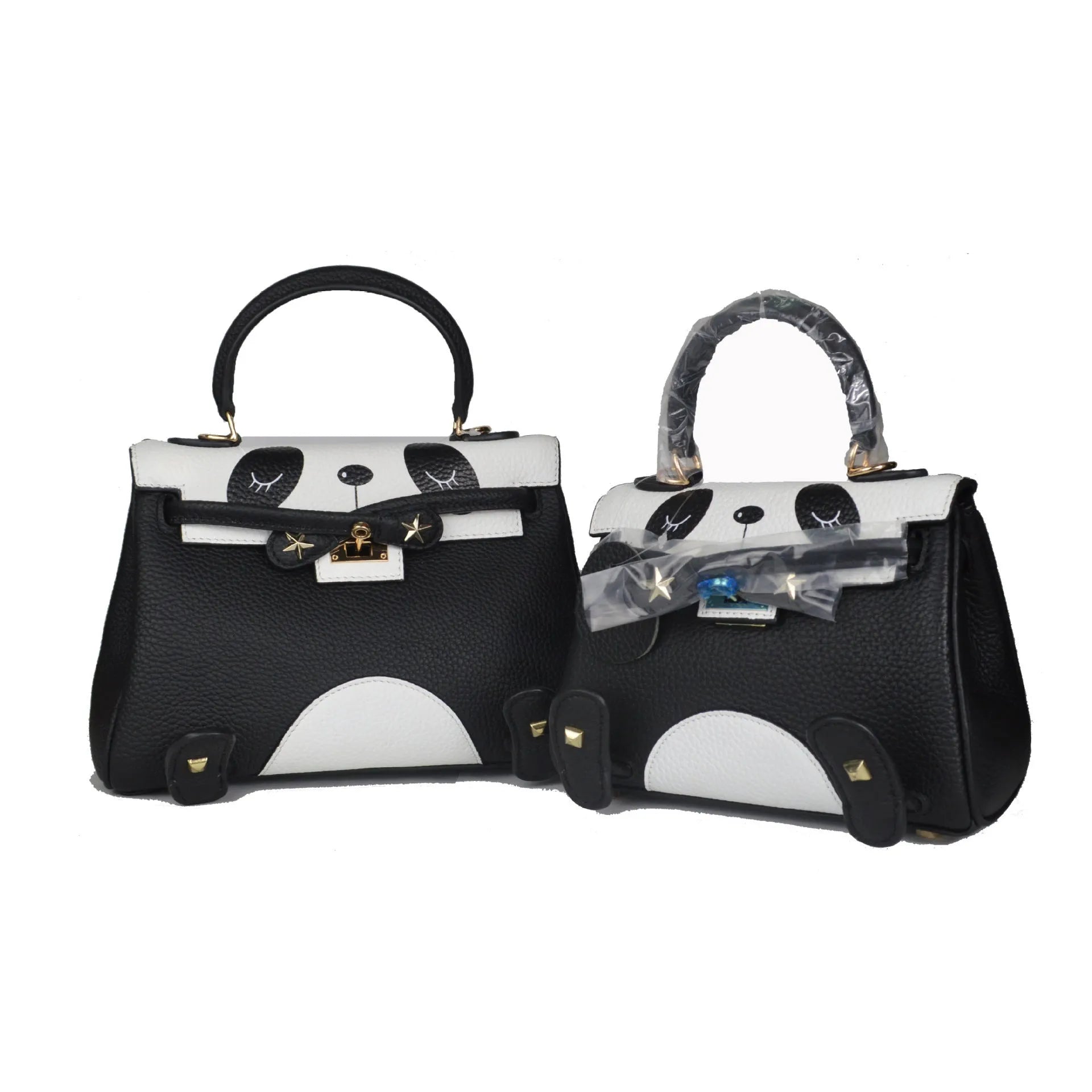 Panda print cow leather handbag with square shape in horizontal orientation