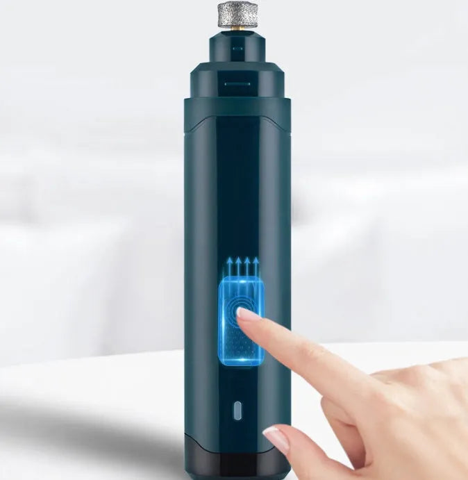 Blue pet electric nail polisher with mute function, two speed settings, and one rough grinding wheel