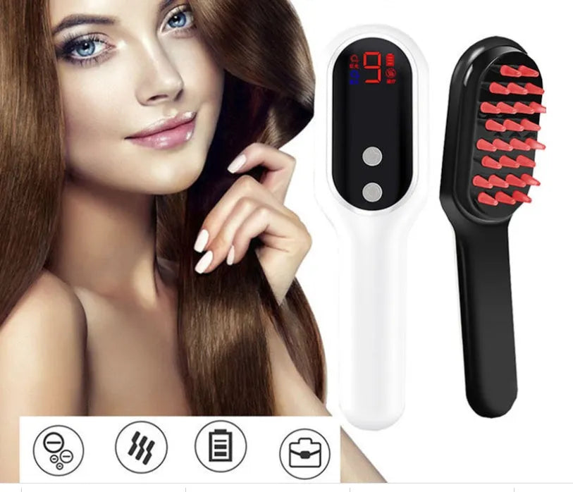 White electric head massager comb with red and blue light therapy, 26 massage contacts, and LED display.