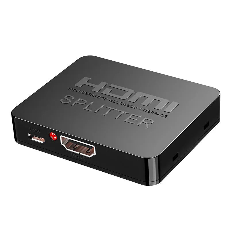 HDMI one input two output 4K video splitter with US plug, EU plug, and USB cable options