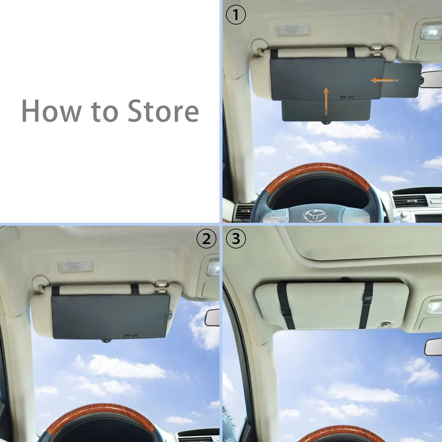 Portable retractable car sun visor in black PU leather PC board, 31x15cm, universal fit