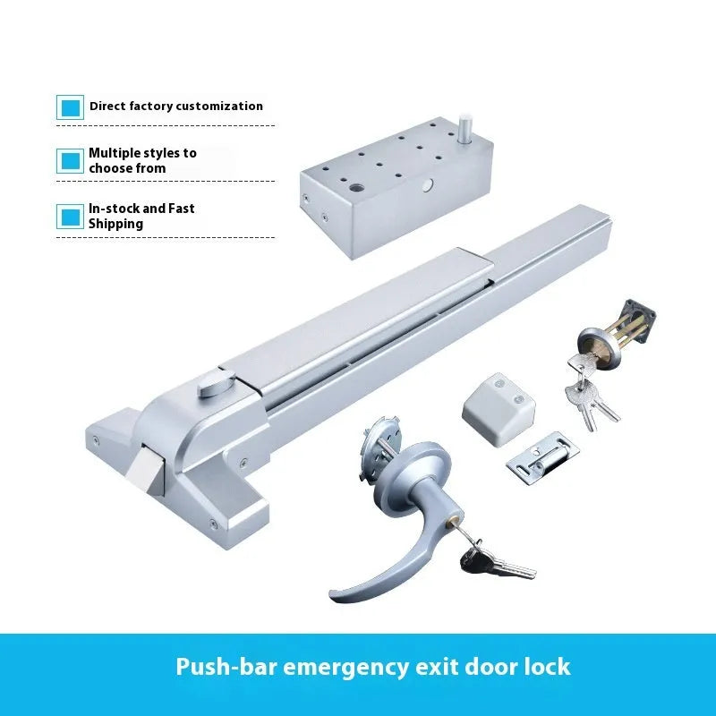 Stainless steel fireproof door push lock with an external handle on a door.