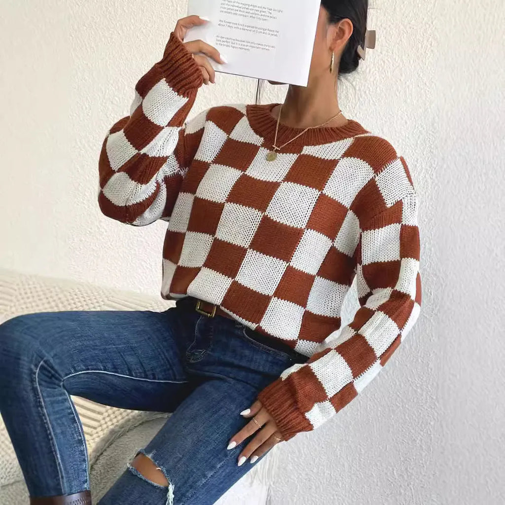 Dark brown plaid pattern acrylic pullover sweater with loose round neck and long sleeves