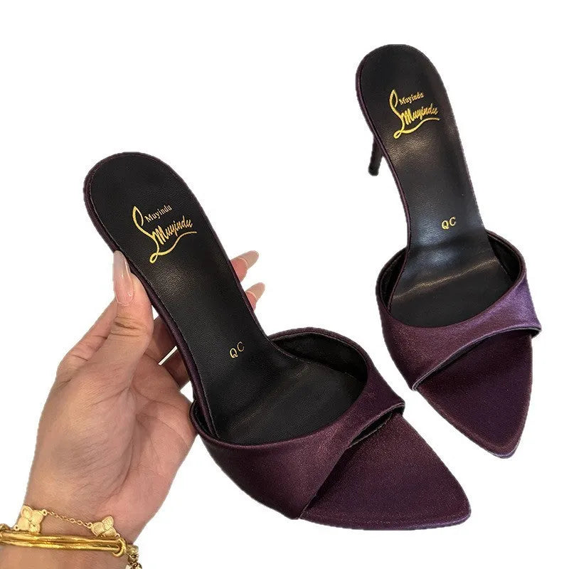 Women's black pointed toe stiletto sandals with ankle strap and 8cm heel