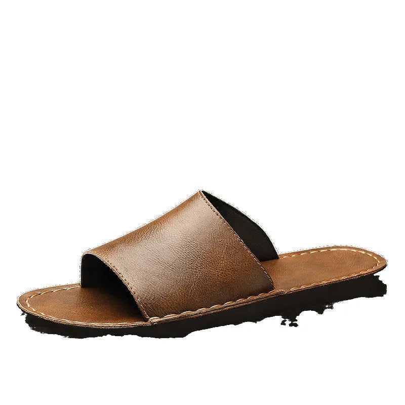 Men's brown leather sandals with rubber sole for outdoor casual wear