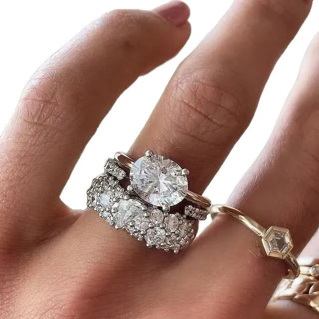 Women's fashion mosaic oval zircon ring three-piece set white electroplated alloy size No 8