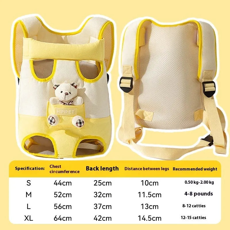Cartoon cute chest bag pet carrier in canvas with colourful stitching patterns and adjustable sizing
