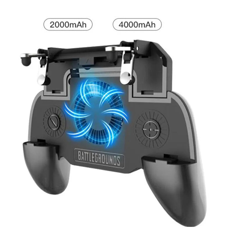 A black mobile game controller for smartphones with a USB connector, showing grip and shot buttons.
