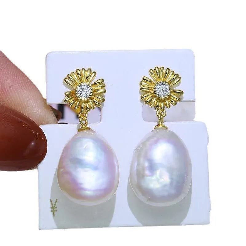 S925 sterling silver baroque flower earrings with a built-in ring holder