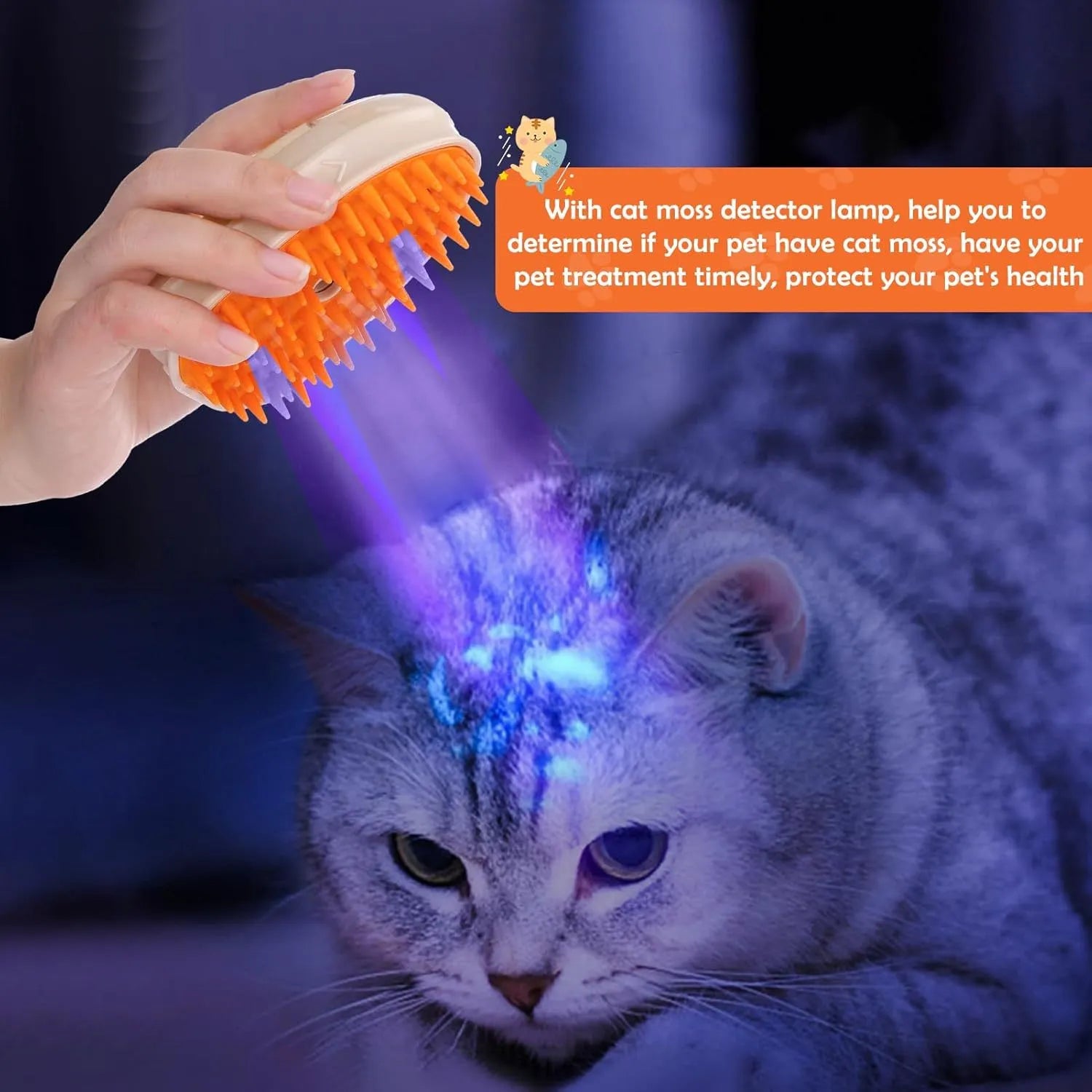 Yellow cat steam brush with silicone head and ringworm detector lamp for pet grooming