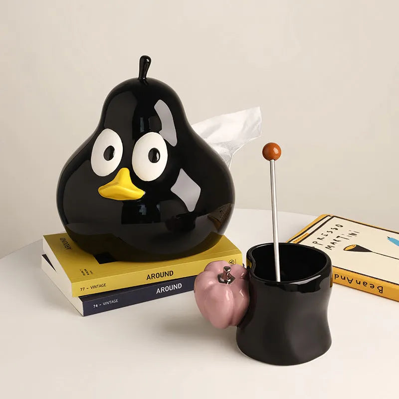 White porcelain ceramic pear-shaped tissue box with animal style design in green or black colour options