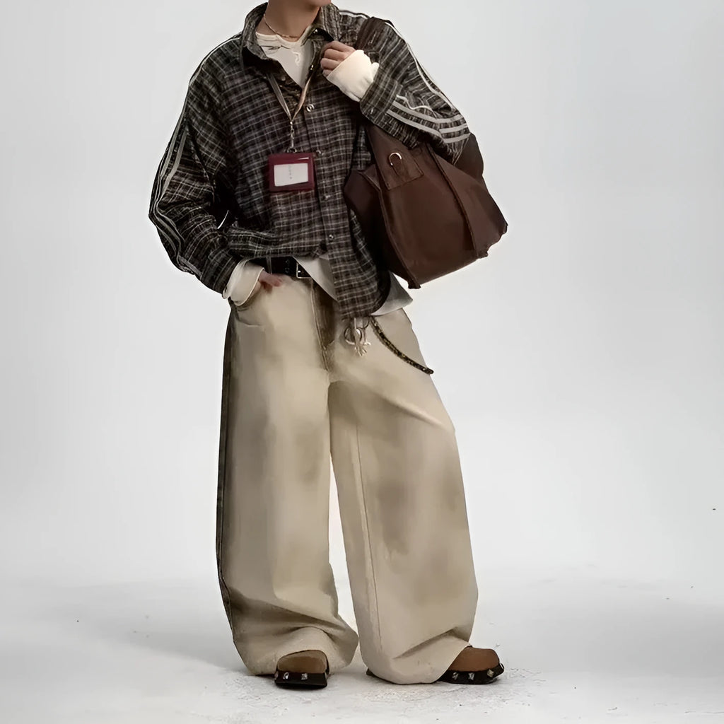 Loose straight retro floor-length cotton pants in beige with mid-rise waist