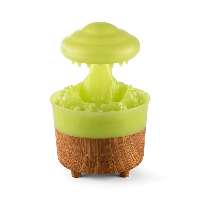 Wood grain white rain cloud shaped humidifier diffuser with coloured LED lights on a table