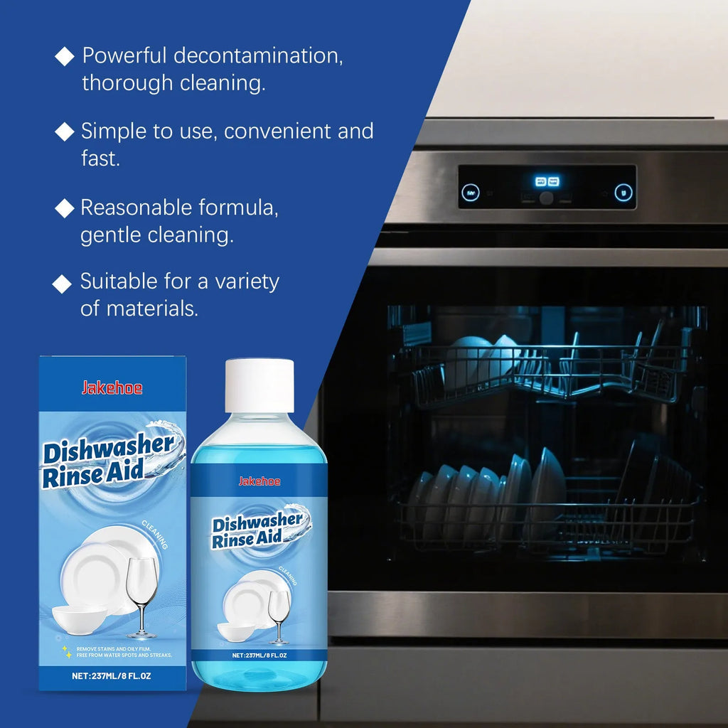 237mL bottle of dishwasher detergent cleaner for grease and stains on plates and kitchenware.