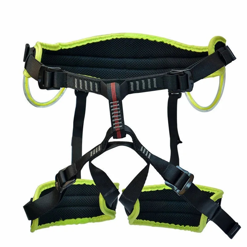 Outdoor mountaineering half seat belt in orange with adjustable waist and leg straps