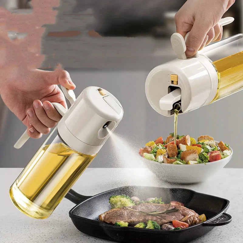 2-in-1 oil sprayer bottle with automatic opening and dual spray pour modes, 550ml soda-lime glass, in warm gray