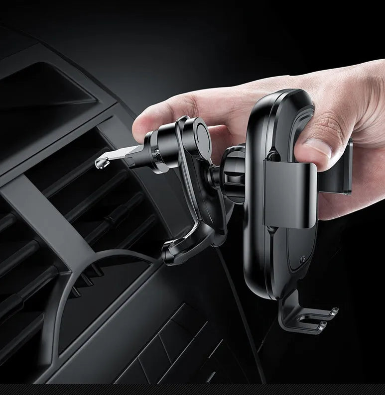 Black wireless charging car phone holder mounted on an air outlet vent for 4.0-6.5 inch mobiles with smart sensor bracket.