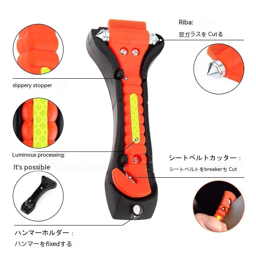 Red car emergency hammer with ABS plastic handle and carbon steel head for window breaking and seatbelt cutting