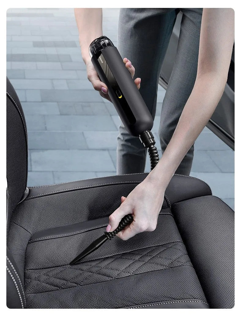 Wireless handheld car vacuum cleaner with blowing hose and HEPA filter.