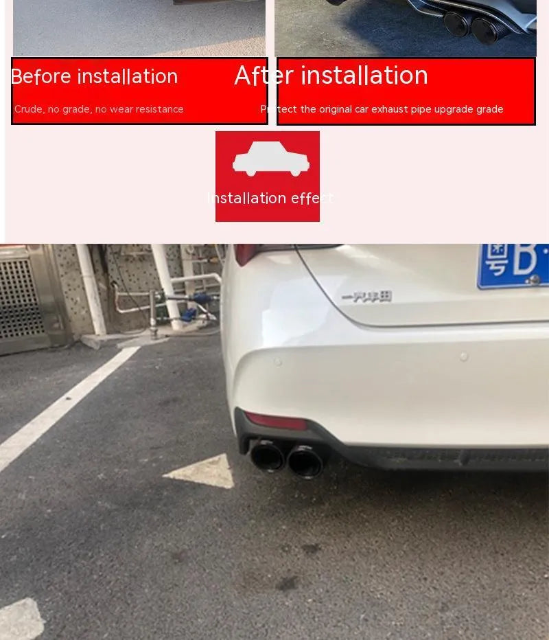 Black carbon fibre car exhaust modification silencer with dual outlet tailpipes