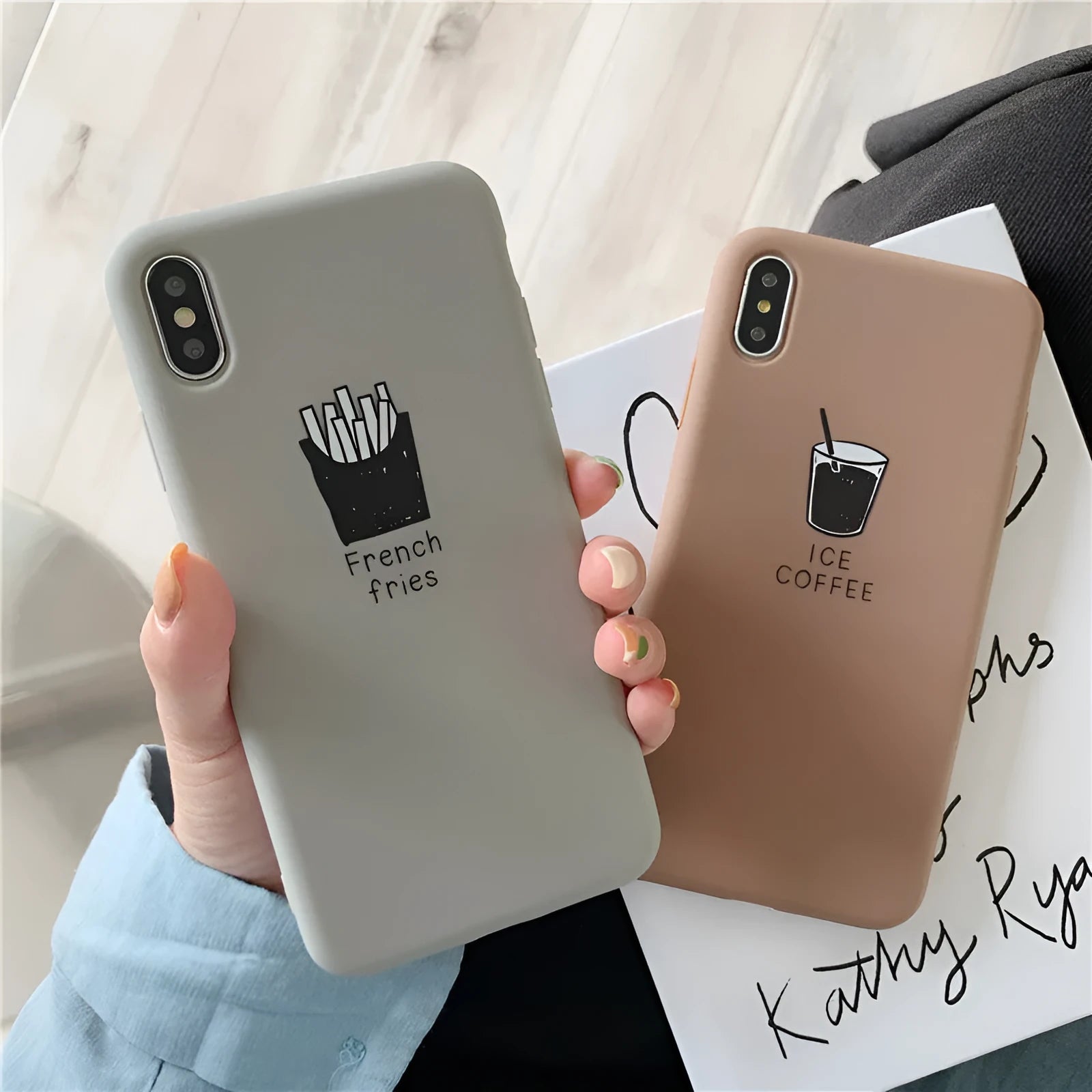 Silicone iPhone case with ice coffee and French fries couple-themed patterns on soft matte finish