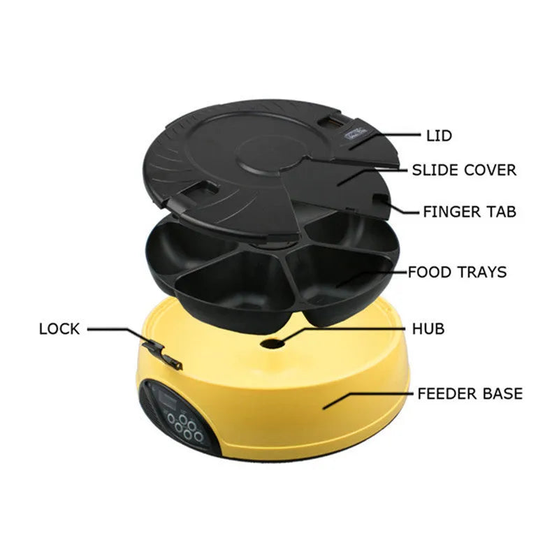 Yellow automatic pet feeder with 6-meal capacity ABS plastic timer and voice recorder