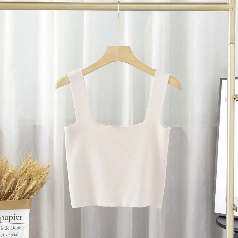 Short square-neck knitted camisole vest in mercerised cotton, slim fit, solid colour, women's innerwear top