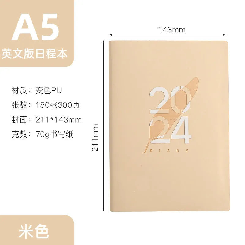 2024 English daily planner with imitation leather cover in blue, A5 size, open to a daily schedule page
