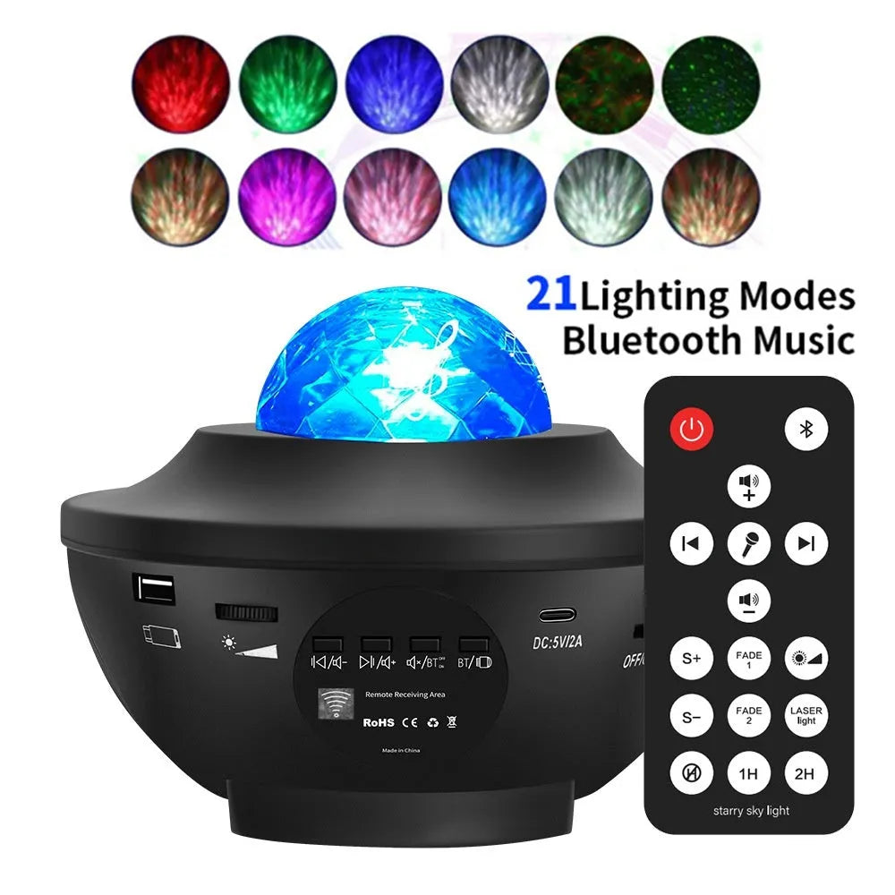 Black parallel style starry sky projection lamp with Bluetooth and remote control on a desktop