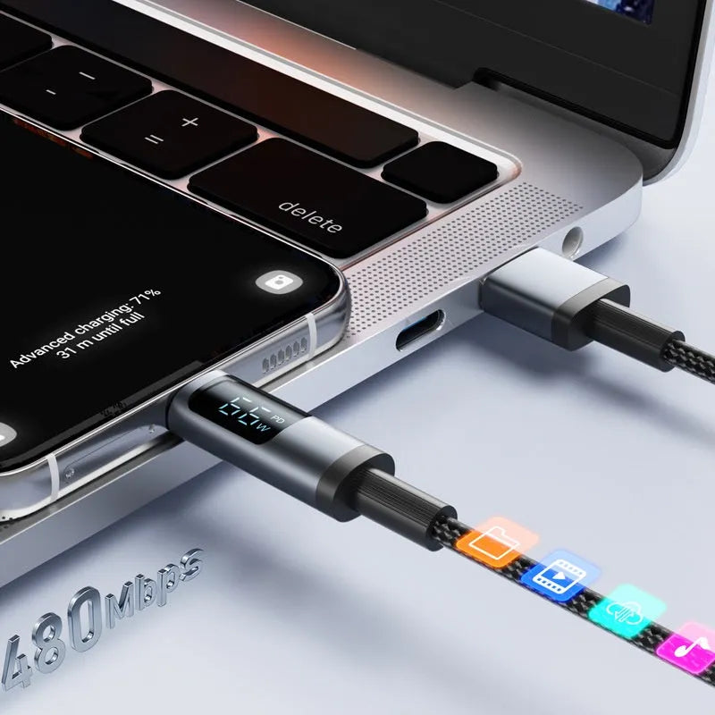 Black woven braided fast charge data cable with digital display showing wattage, 1.2m and 2m lengths available