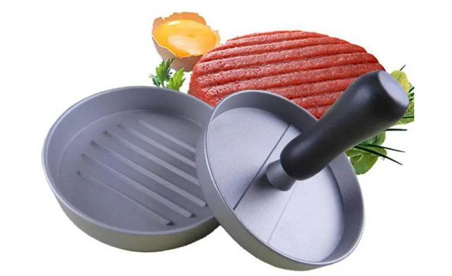 Single burger press in aluminium die casting, 12 x 12 x 9 cm, with base and handled press plate for meatloaf and barbecue use