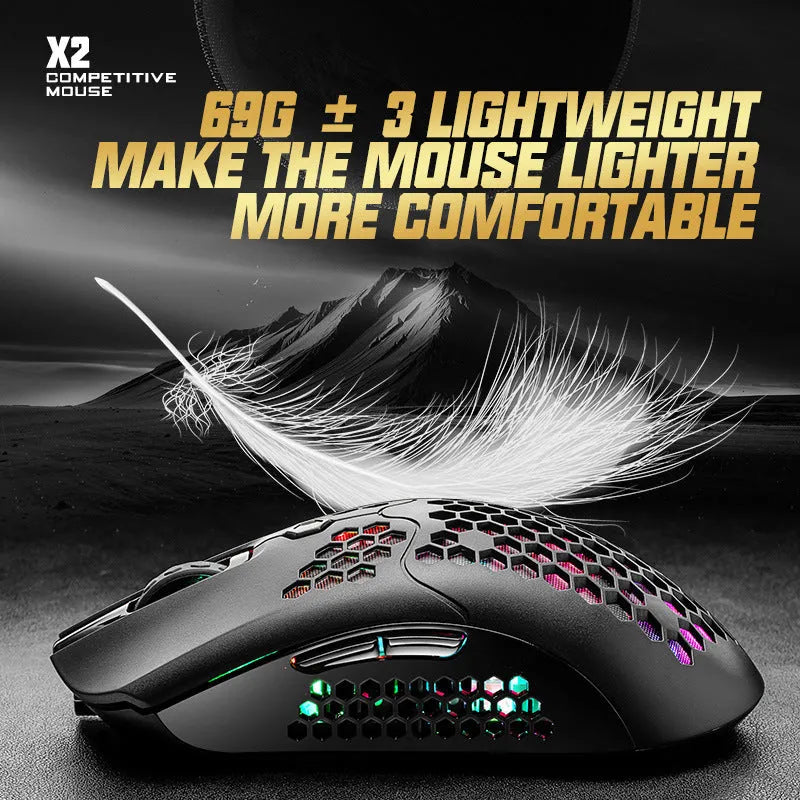 X2 wireless gaming mouse with RGB lighting in black, shown on a mouse pad.
