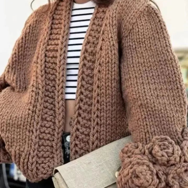 Long sleeve women's cardigan with petal flower sleeves, coarse knit, trueran fabric, available in 5 colours